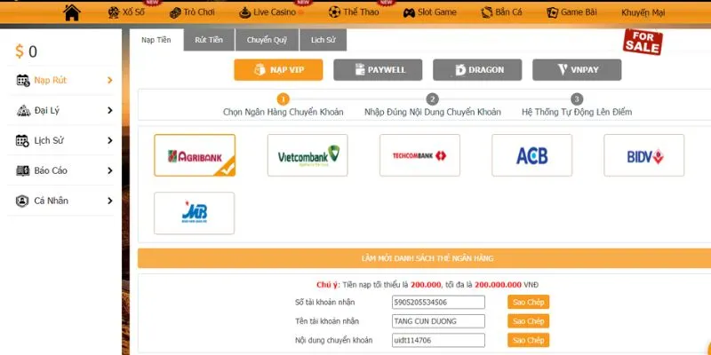 Nạp tiền Dr88 qua ngân hàng